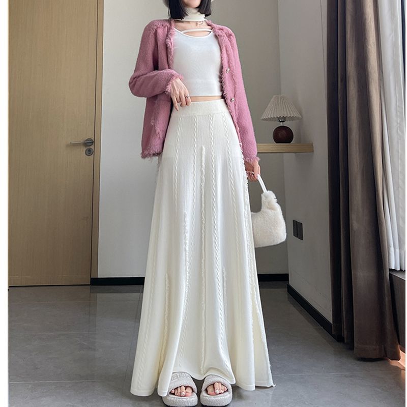 

Черная вязаная юбка-полусолнце женская осенне-зимнего дизайна с бахромой и мохнатым краем, плиссированная юбка с высокой талией и большим клешем А-силуэта One Size белый