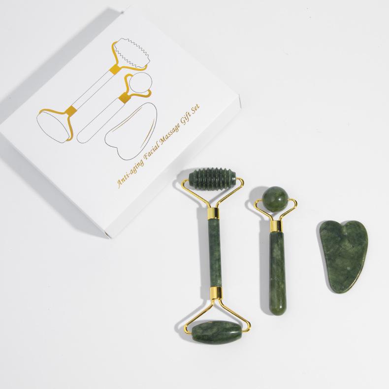 Jade Massager Set: Jade Roller, Prickly Facial Massager & Gua Sha Board