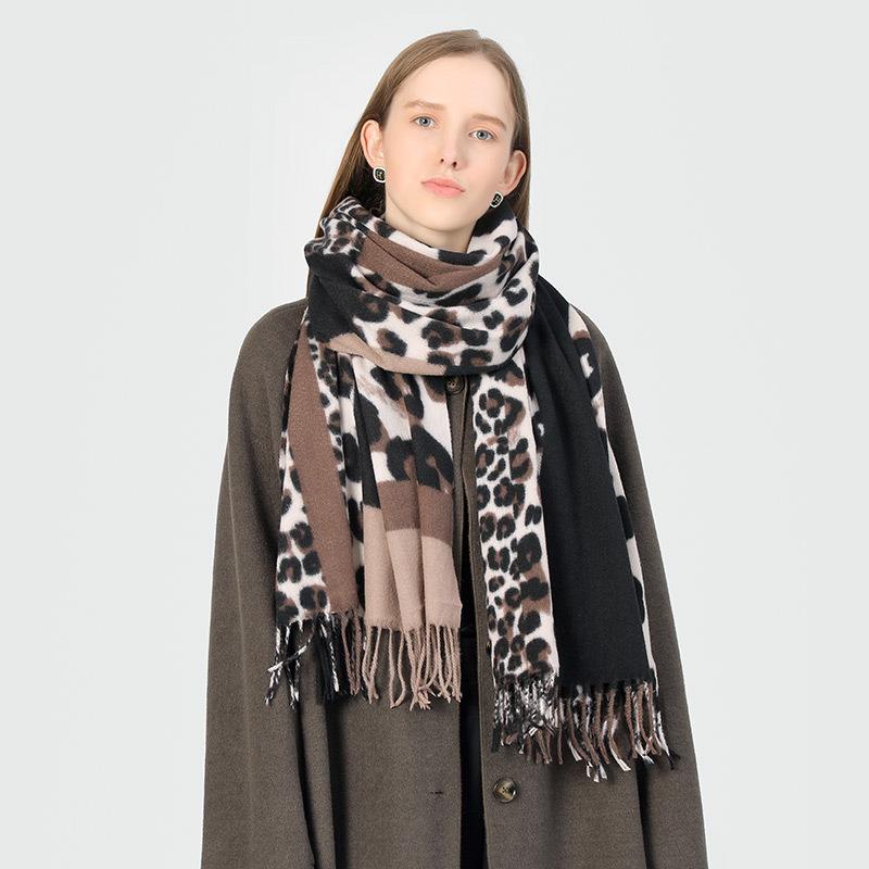 Leopard Print Women's Warm Scarf Color-block Leopard Wrap Shawl