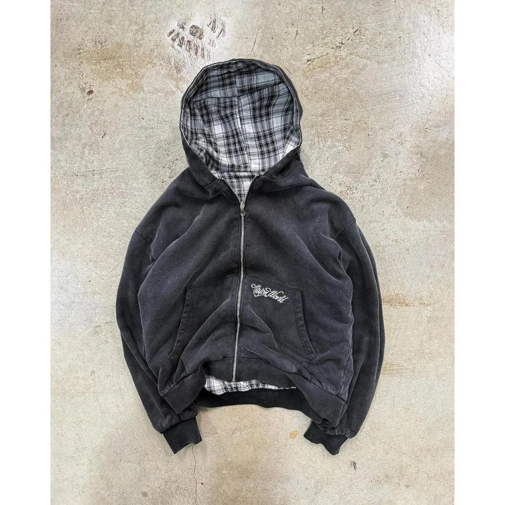 STREETRICH Herbst und Winter Neu Amerikanischer Retro Stehkragen, Vorne und Hinten Locker Arbeitskleidung, Karierte Kapuzenjacke