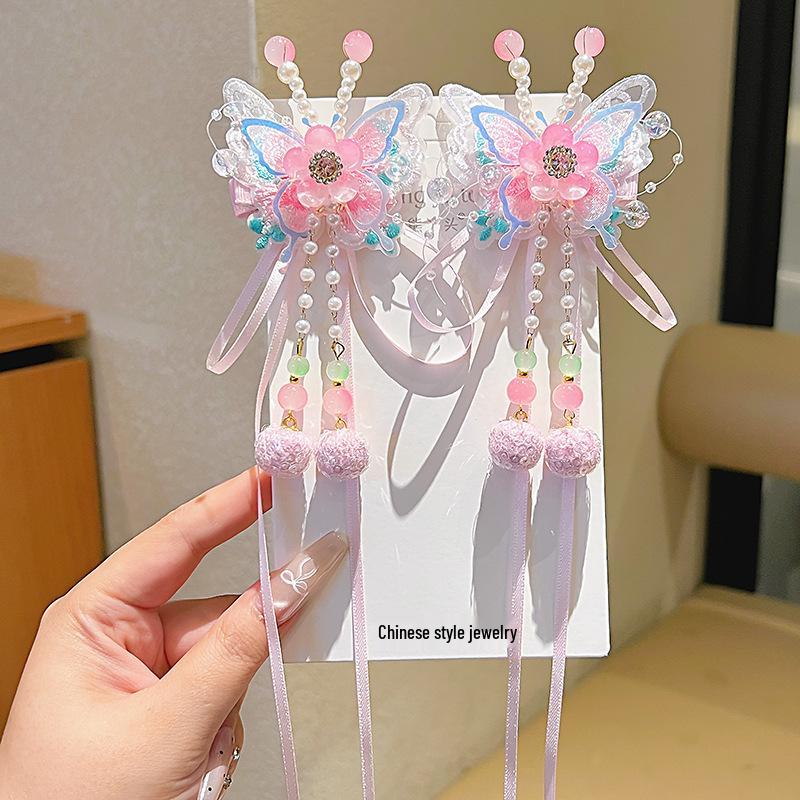 Princess Braided Hanfu Headdress with Ribbons: Ancient Style Hair Clips for Girls