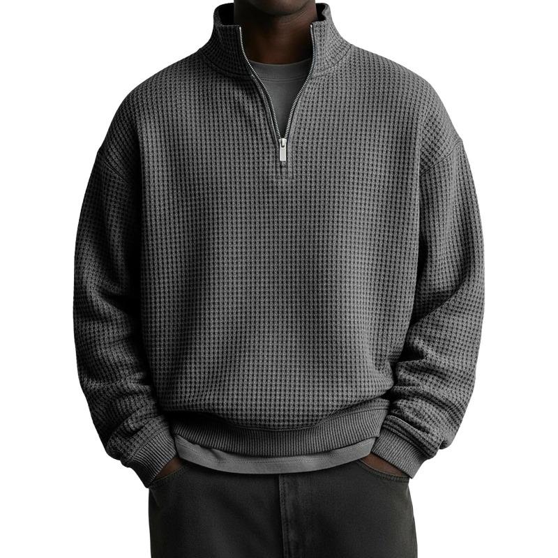Men S Casual Long Sleeve Stand Collar Zip Up Loose Fit Waffle Sweatshirt