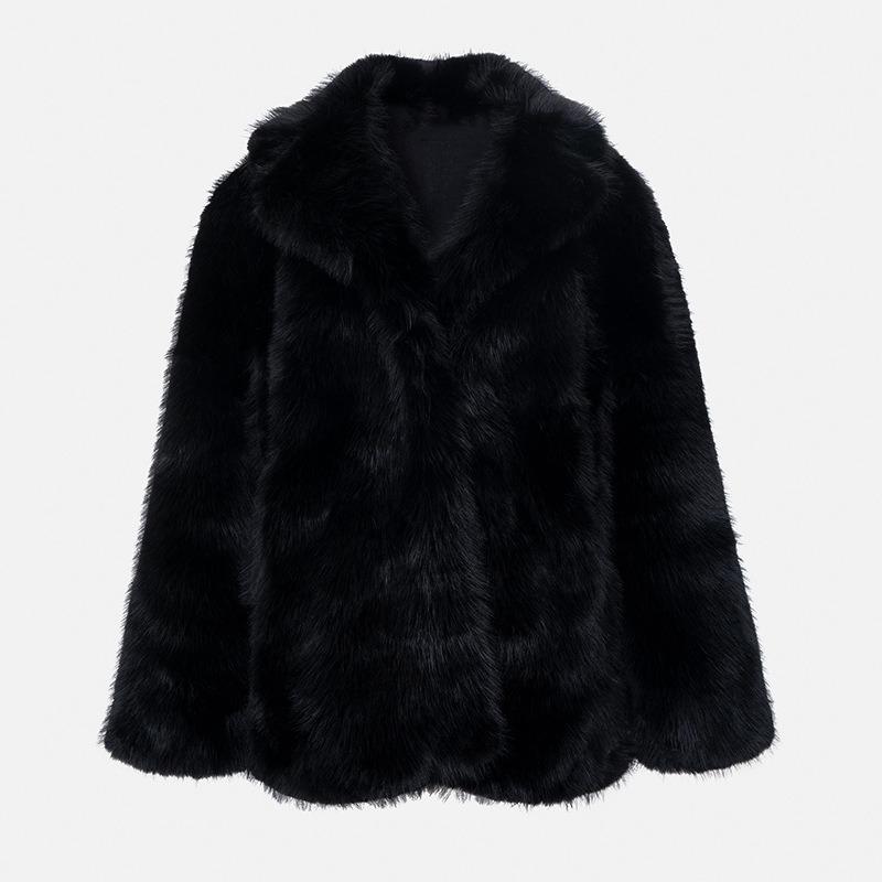 Women's White Faux Fur Coat Lapel Collar Mid-Length Fluffy Warm Winter Outerwear