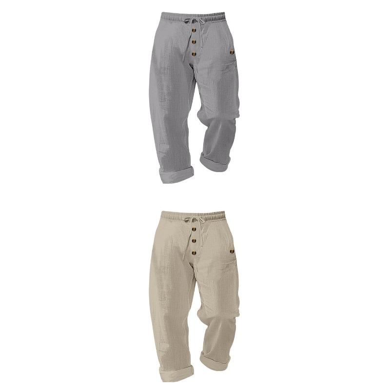 Men Solid Color Linen Loose Drawstring Button Casual Long Pants