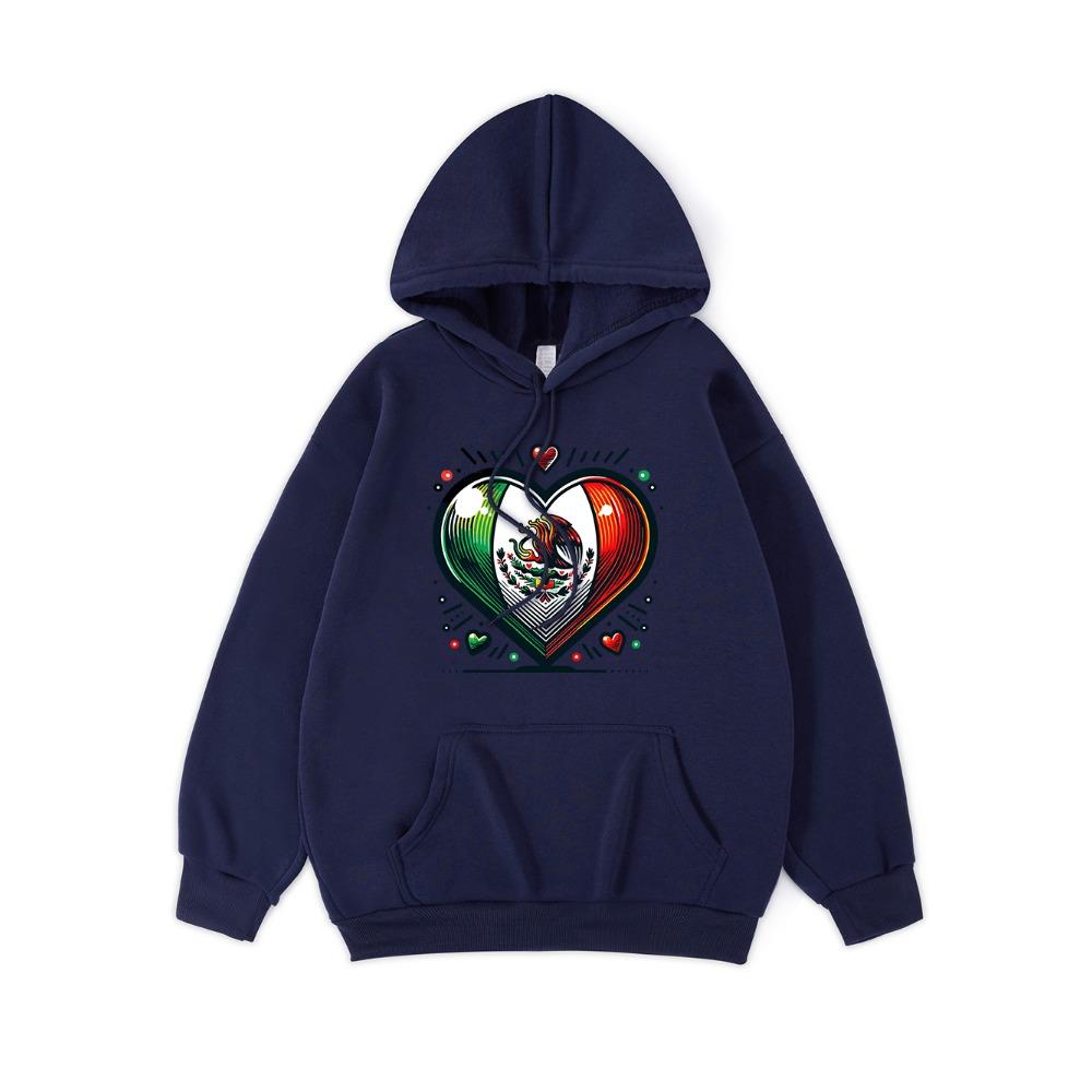 Mexico Eagle Heart Printing Hoodies Womens Winter Fleece Warm Hooded Casual Pocket Sweatshirt Street Loose Womans