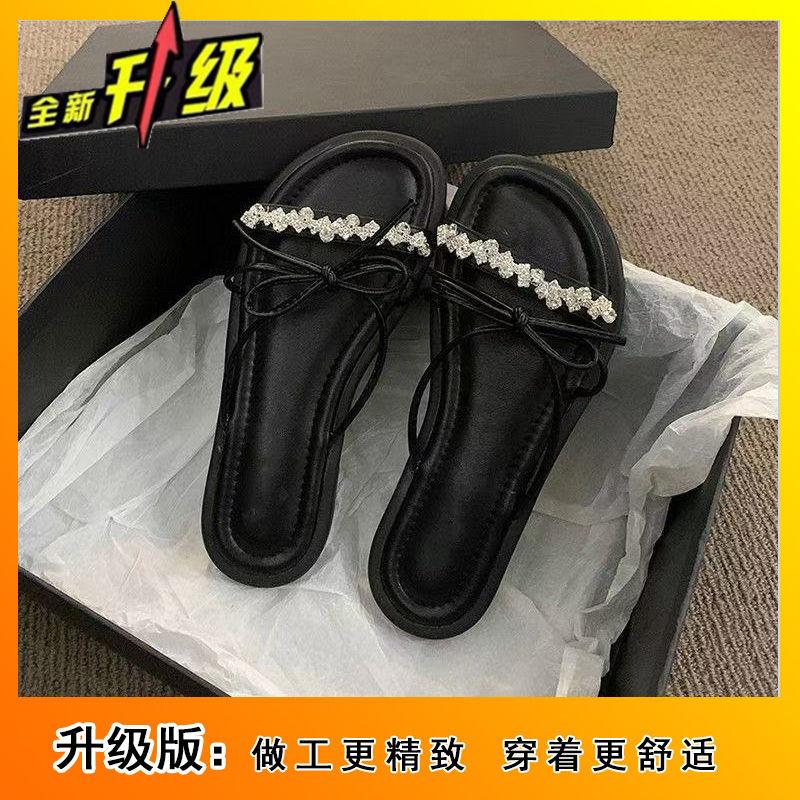 Rhinestone premium French small sandals one-word drag 2025 new summer wear fairy style bow slippers girl