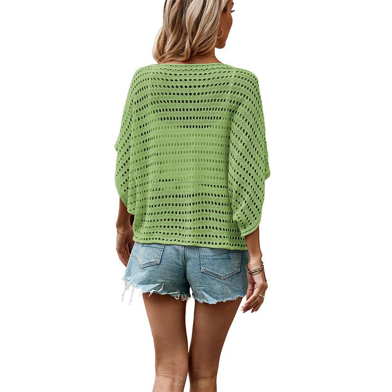2026 New Round Neck Solid Color Women's Bat Sleeve Hollow Loose Knit Sweater