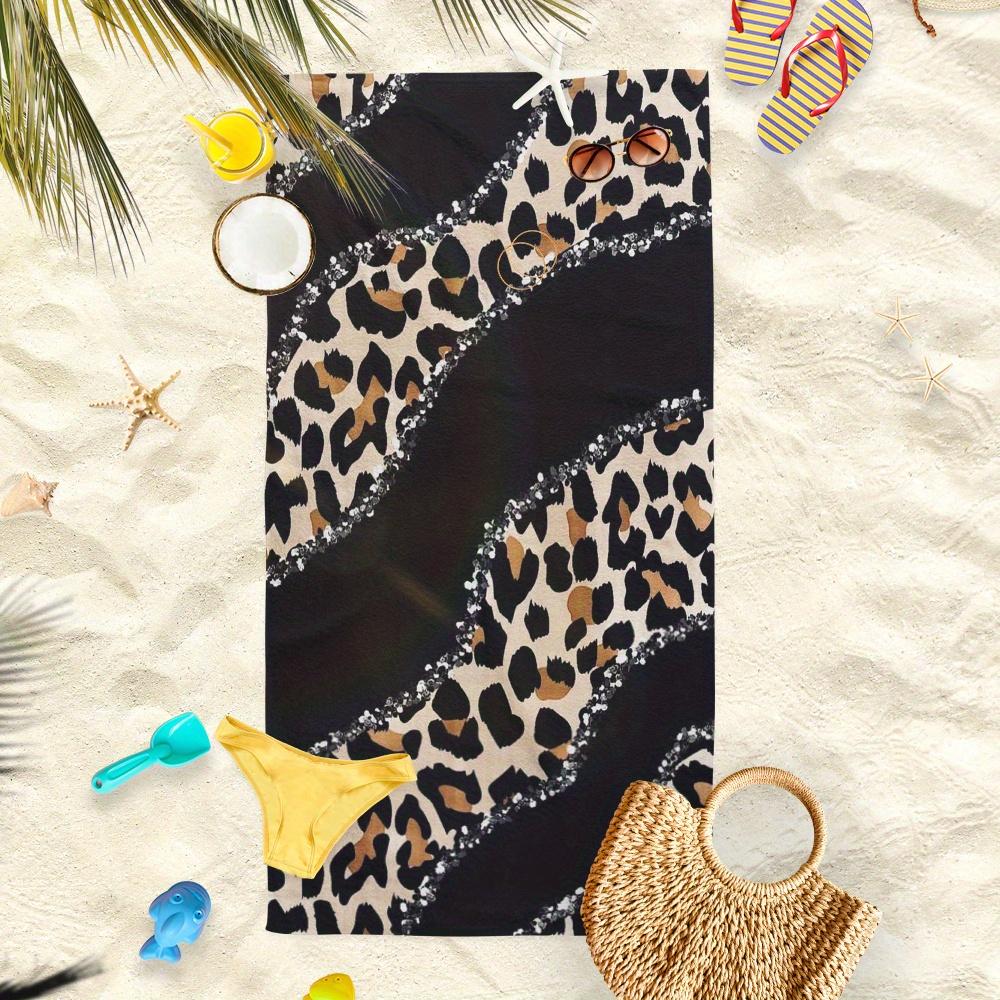 Leopardenmuster Paillettenrand Strandtuch, Luxuriöses Wildtier-Kunstwerk Schnelltrocknendes Sandfreies Mikrofaser-Badetuch für Sommerpool und Strand
