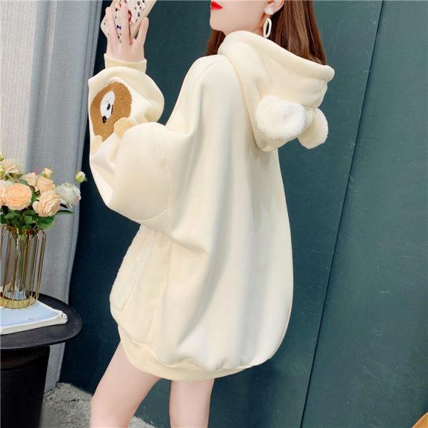 Design Sense Korean Version of Hooded Bear Plus Velvet Sweatshirt for Women In Autumn and Winter New Loose Lazy Style Age-reducing Jacket