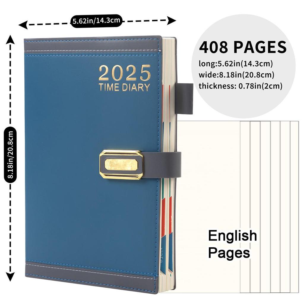 A5 Leder 2025 Geschäftsplaner Notizbuch, Englisch/Spanisch/Französische Seiten, Studenten Tagesplaner, Notizblock, Memo