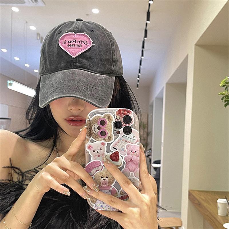Koreańska czapka baseballowa damska wiosenno-letnia retro haft serce miłości snapback kapelusz dziewczęca moda naszywka ochrona przed słońcem czapki z miękkim daszkiem