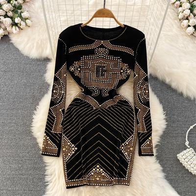 Autumn and Winter European and American Light Luxury Temperament Round Neck and Diamonds Waist and Hip Bottoming Dress