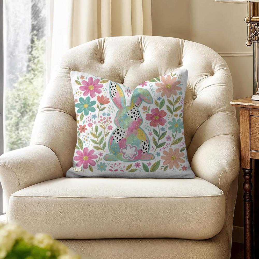 Cute Easter Bunny Cushion Cover Natural Linen Organic Fabric DoubleSided Printing Couch Pillow Covers Home Decor