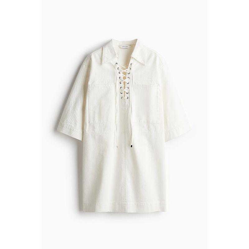 

HM Women s Clothing Dress 2025 Autumn New Polo Collar Loose Micro Drop Shoulder Shoelace Denim Skirt 1277303