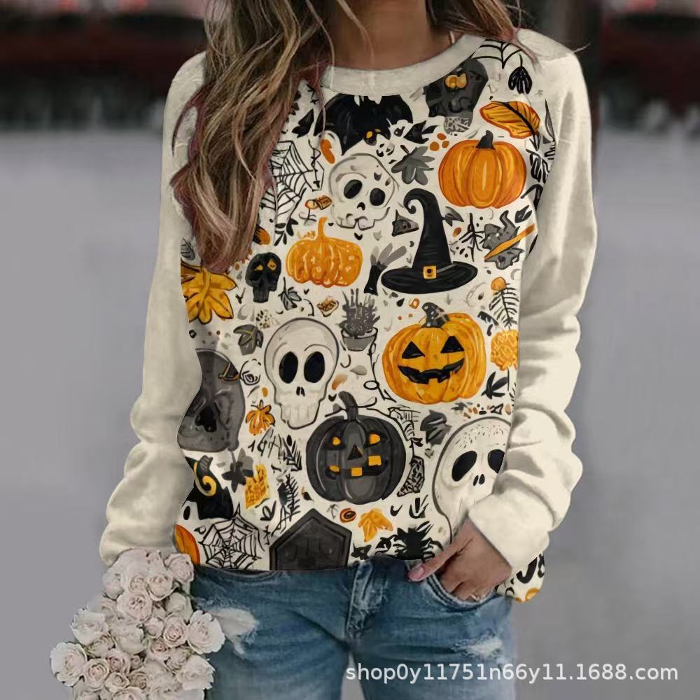 New Halloween Ladies Sweater 3D Digital Printing Pumpkin Bat Dark Pattern Crew Neck Long Sleeve Top