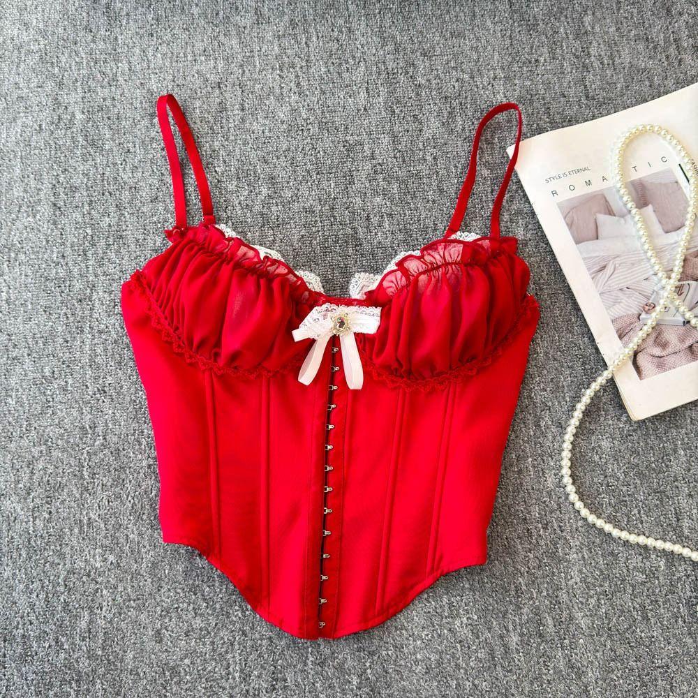 Bowknot Lace Corset Ruffle Suspender Vest Spicy Girl Style Lace Flower Camisole  Ladies