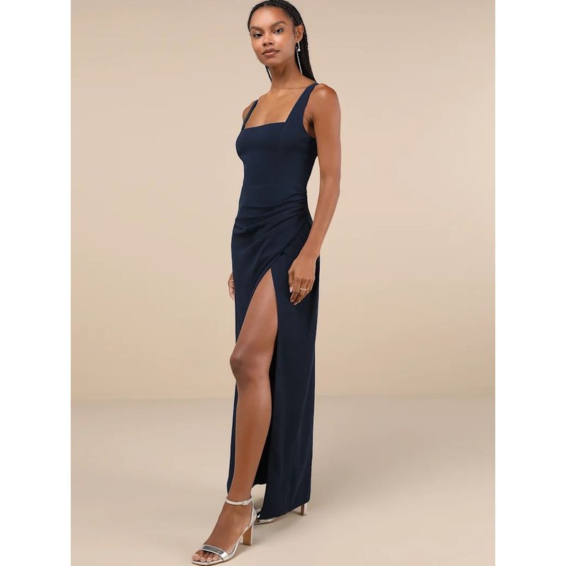 Foreign Trade Order Lu's Square Collar Split Long Legs Design Chiffon Pleat Waist Hugging Elegant Fashionable Personality Dress