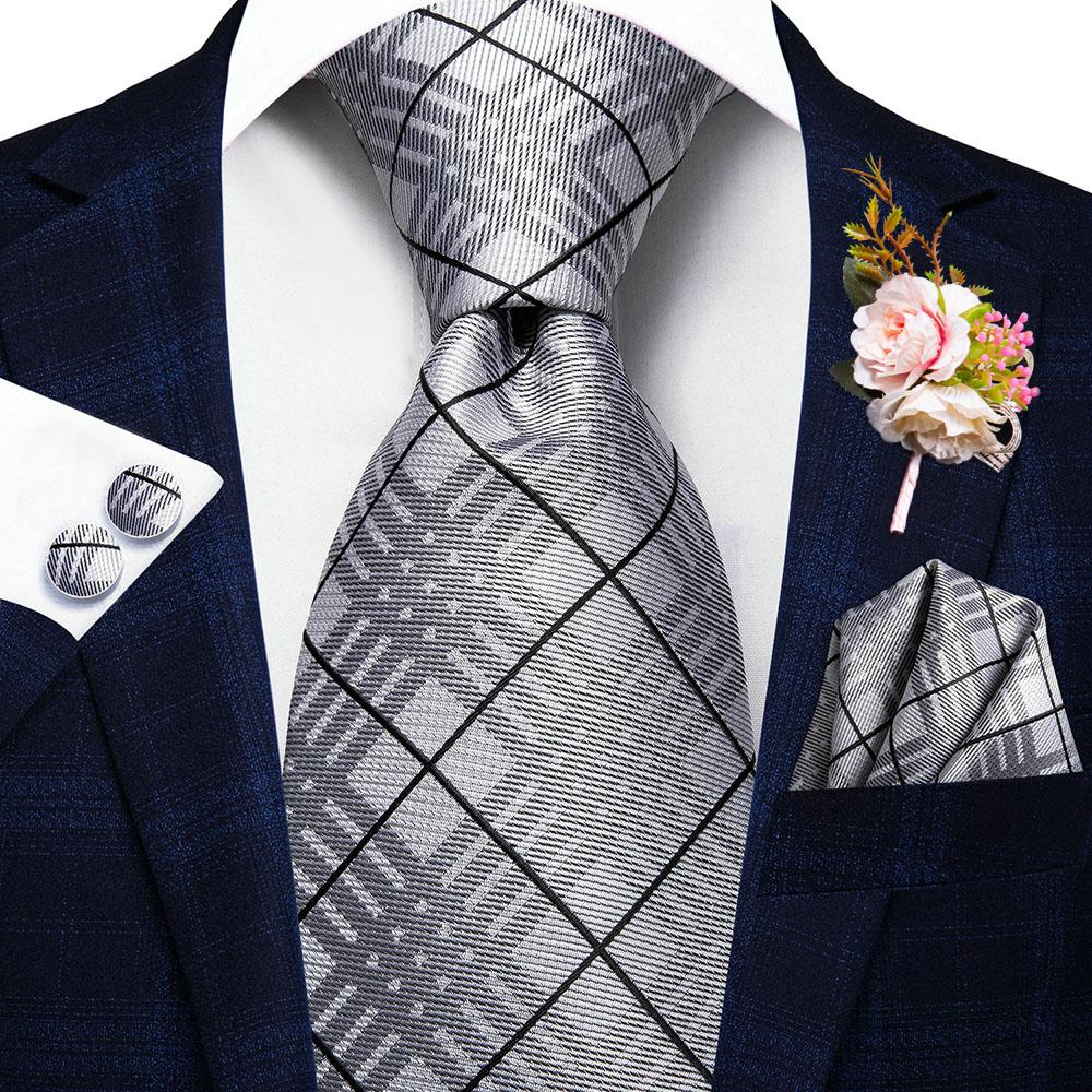 Hi-Tie Seidenkrawatte Bräutigam Anzug Corsage Krawatte Einstecktuch Manschettenknöpfe Set für Hochzeit