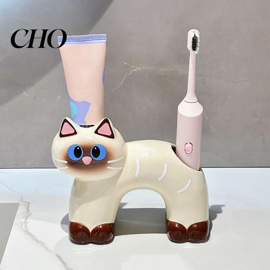 Porta Spazzolino Compatto, Forma di Gatto con Foro di Drenaggio, Impermeabile Resistente alla Muffa Organizer in Ceramica a Doppio Foro per Accessorio da Bagno