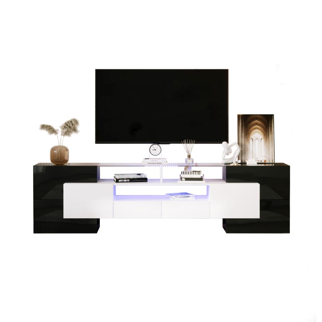 Stylish TV cabinet, low panel. High-gloss white and black, 200 cm, LED lighting. Living room furniture. Modern design. Elegant glass surface.