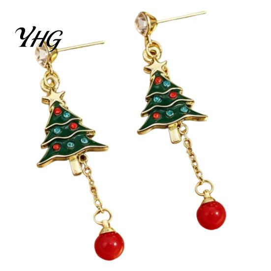 Decorative Seasonal Jewelry 1 Pair Christmas Tree Earrings for Women, Colorful Rhinestone Shaped Day Outfit Accessories with Red Bead Charm,