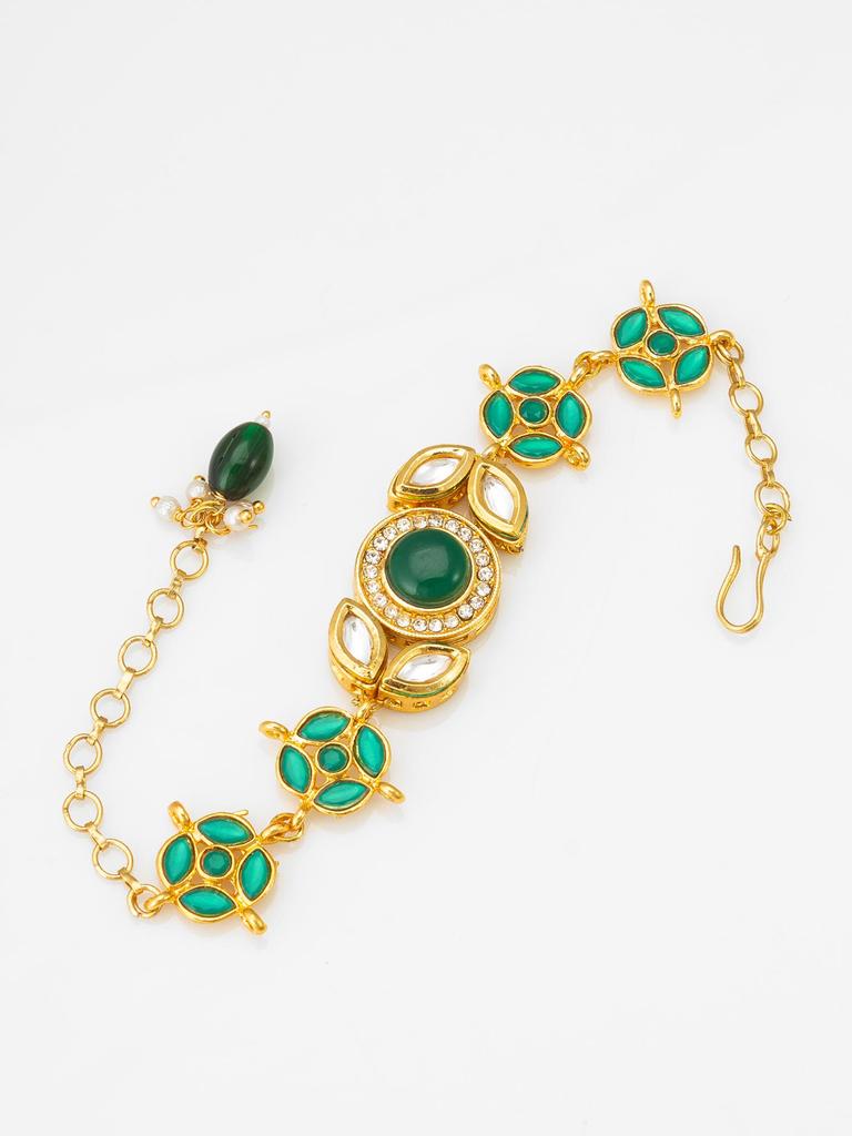 Gold-Plated Green Stone-Studded & Beaded Handcrafted Bracelet