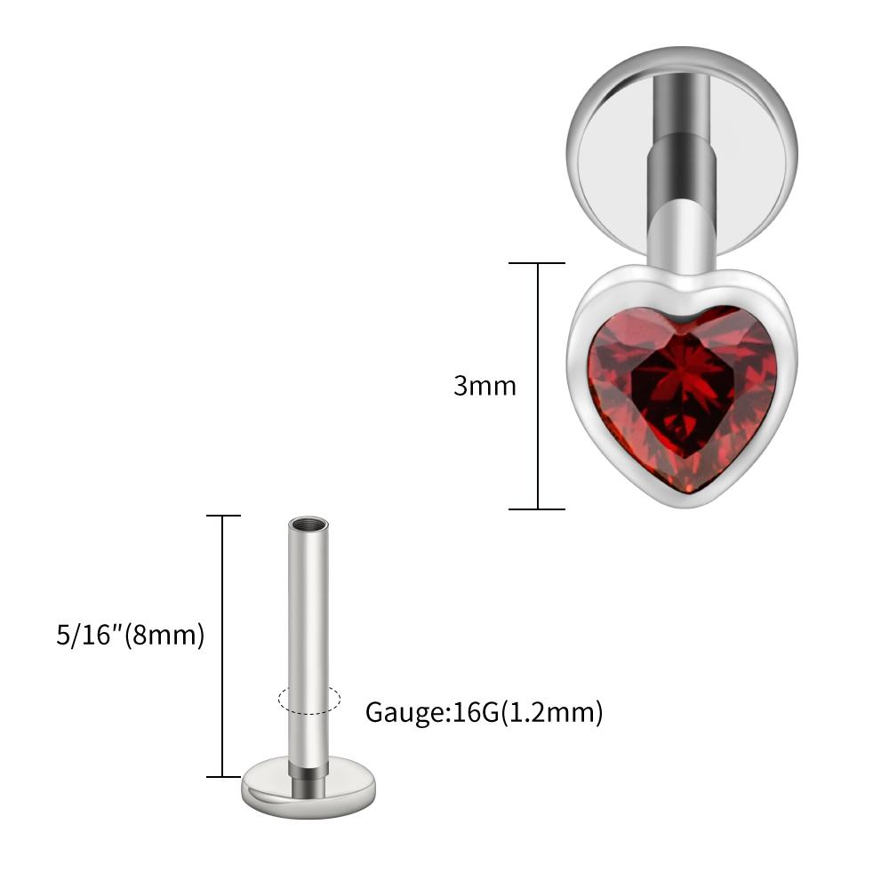 Right Grand ASTM F136 Titanium Heart Shaped CZ Flat Back Labret Stud 16G Garnet Cartilage Helix Ear Piercing Halloween Jewelry