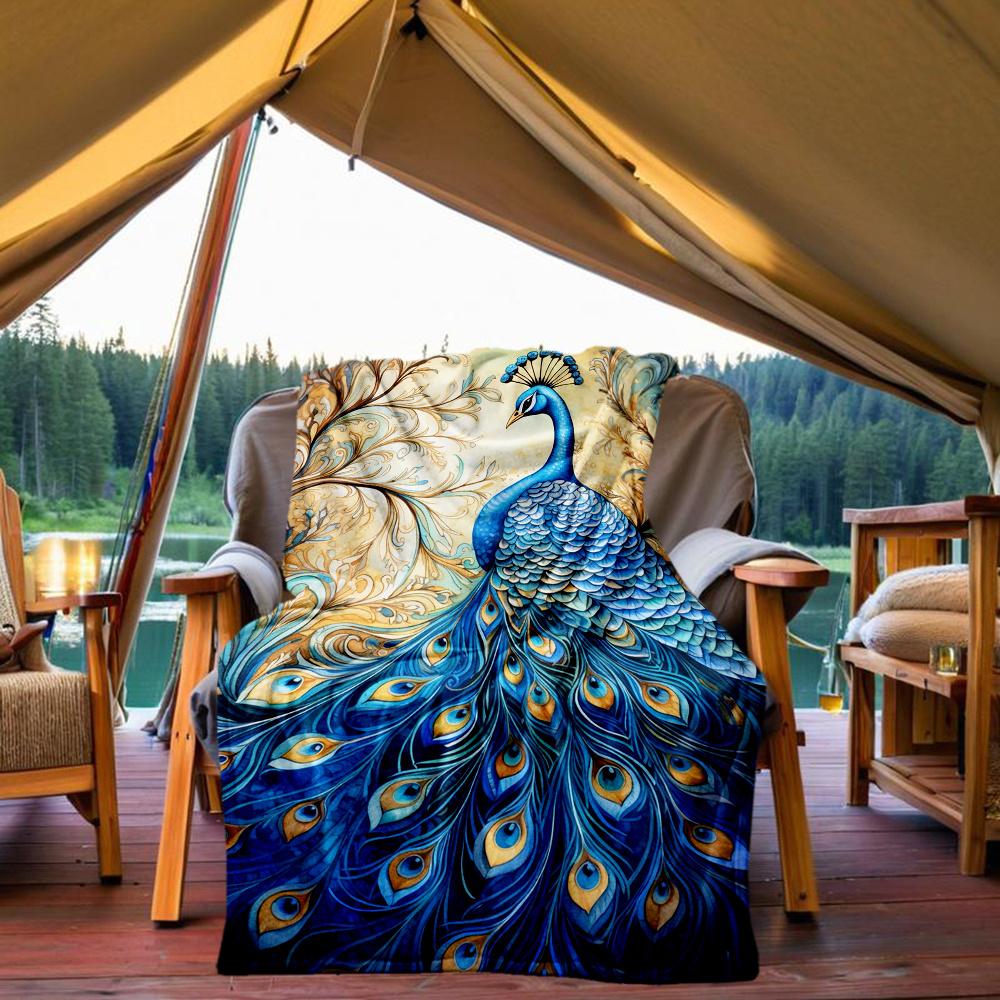 1pc Peacock Feathers Flannel Blanket, Comfortable and Warm Blanket, for Camping Sofa Bed and Couch Office026