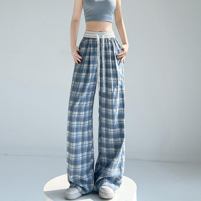 Lace Drawstring Plaid Wide-leg Pants for Women In Spring and Summer High Waist Drooping Lazy Style Loose Casual Floor Pants