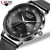 LIGE Minimalist Mens Fashion Ultra Thin Watches Simple Men Business Stainless Steel Quartz Watch for Men Calendar Wristwatch