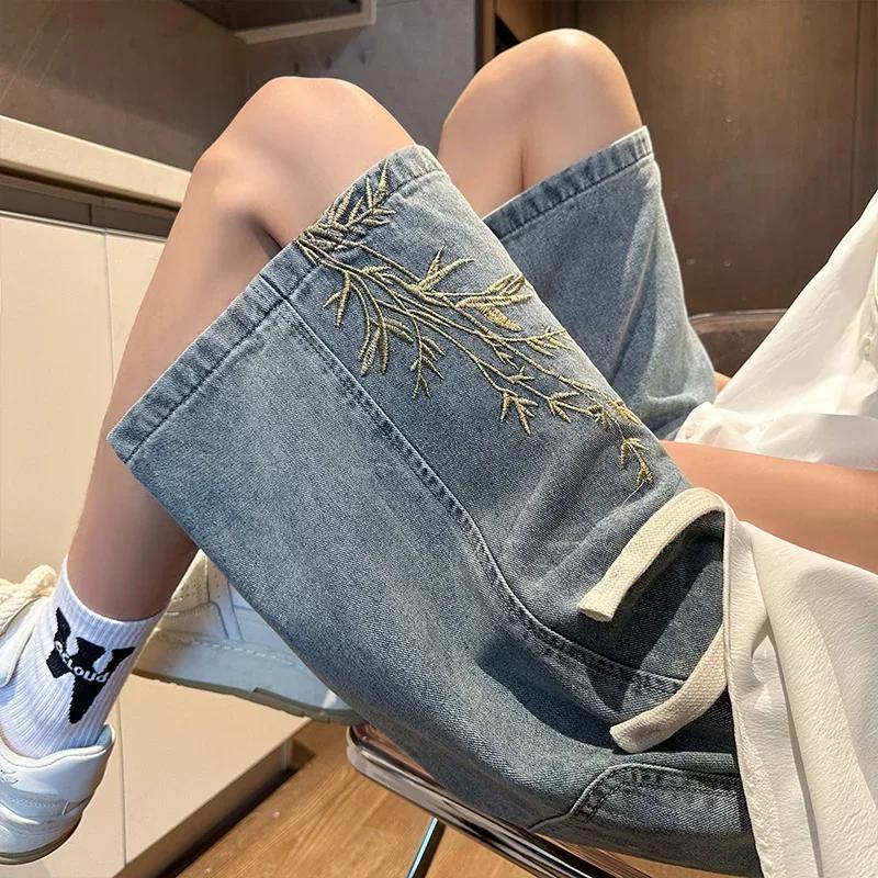 Summer Men  Embroidered Short Jean Pants Vintage Wide Leg Bermuda Hip Hop Streetwear Denim Shorts