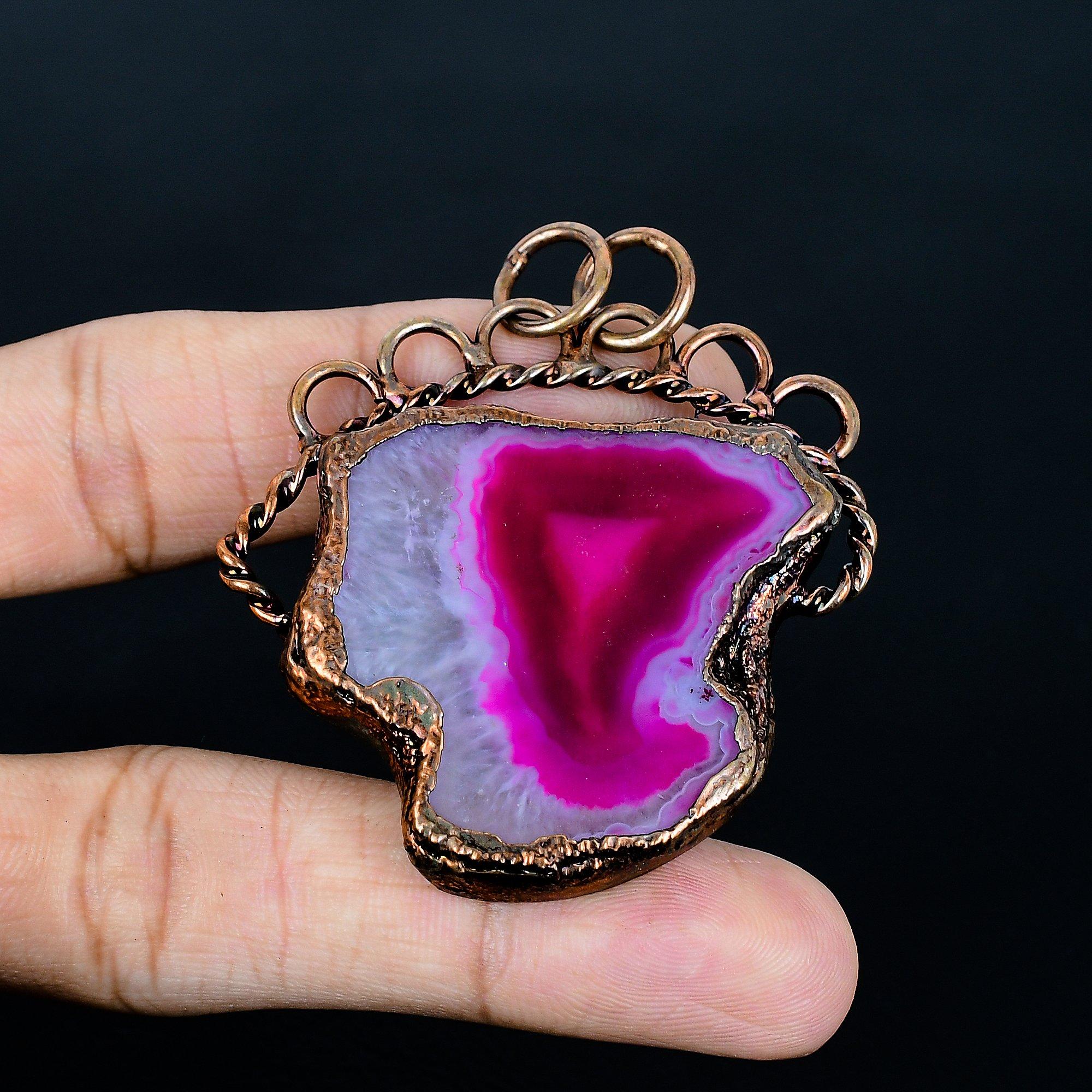 

Pink Solar Druzy Pendant Gemstone Jewelry, Copper Electroformed Pendant, Gift For Women Handmade Pendant 2.55 Inches