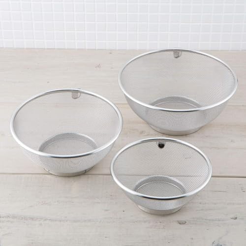 KAI Stainless Steel Bowl and Mesh Colander 6-Piece Set - Kitchen Utensils for Single Person Use - 18cm, 21cm, 24cm - Stackable, Integrated Design