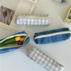 Blue and white checkered pencil case large capacity ins pencil case canvas retro checkered pencil case pencil box stationery bag