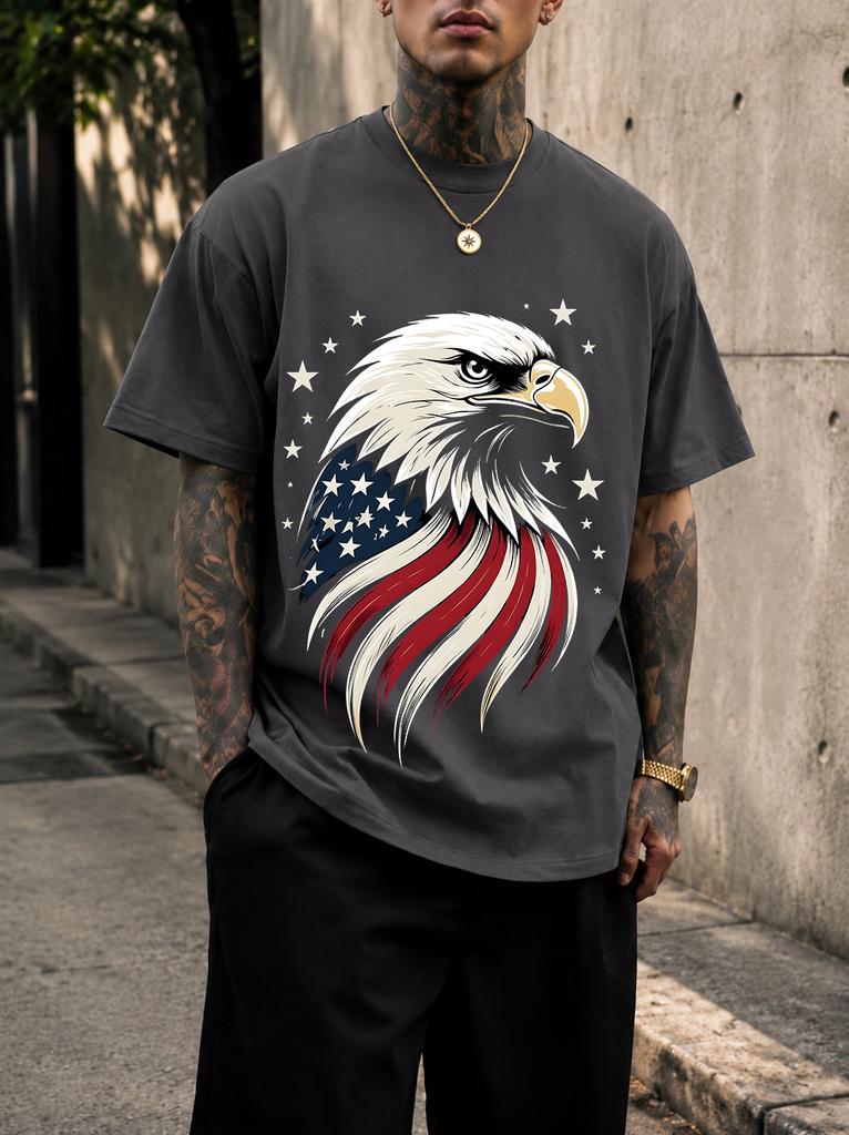 2026 New Pure Cotton Tshirt With American Bald Eagle Patriotic Print Crew Neck Short Sleeve Casual Top