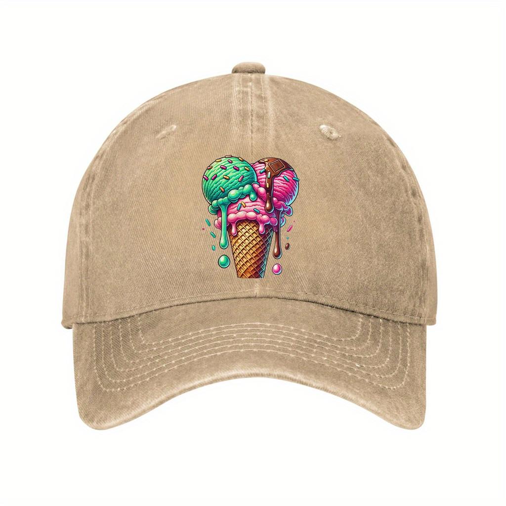 Ice Cream Cone Print Cotton Baseball Cap Adjustable Distressed Denim Casual Dad Hat for Unisex