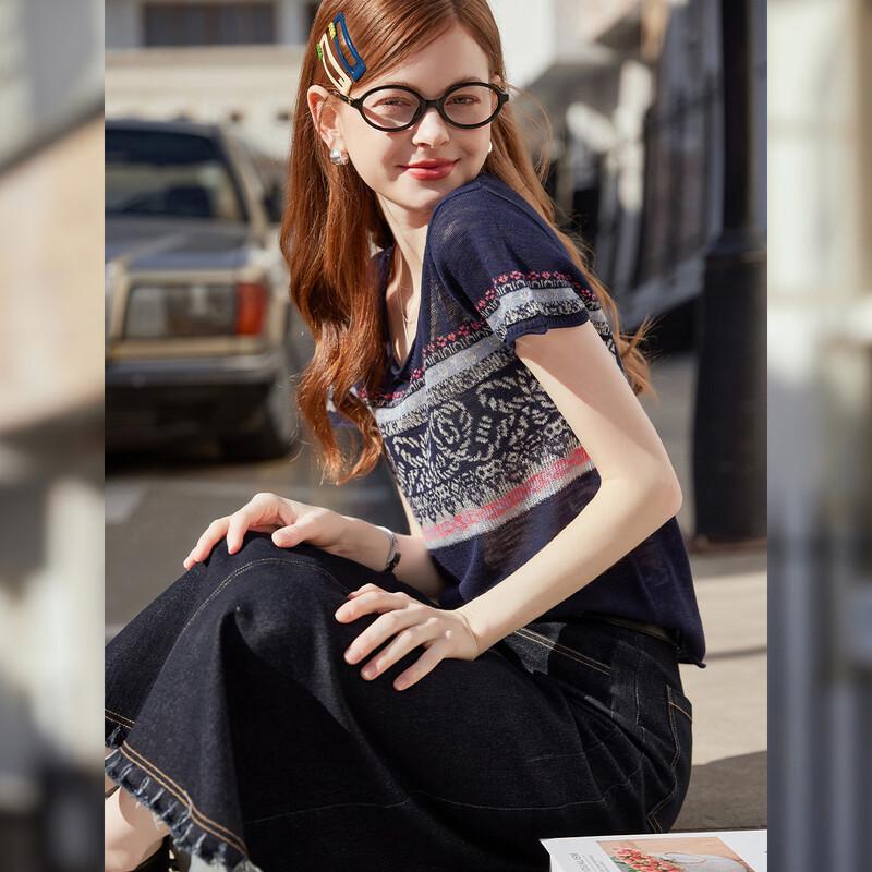 Damen Jacquard-Strick Top mit kurzen Ärmeln