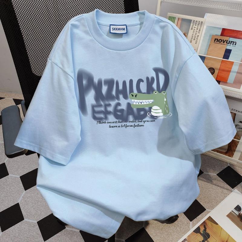 

Pure Cotton Short-sleeved T-shirt Summer New American Letter Crocodile Print Casual Loose Top for Men and Women XL синій