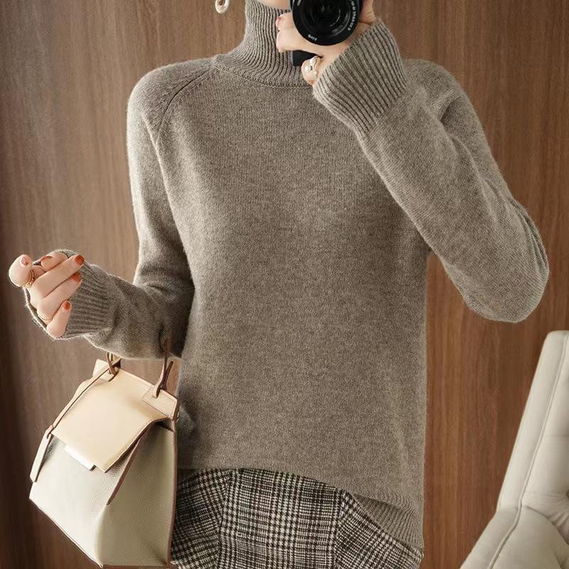 Women's Cashmere High Collar Pullover Sweater - Autumn/Winter 2023 Loose Knit, Solid Color 