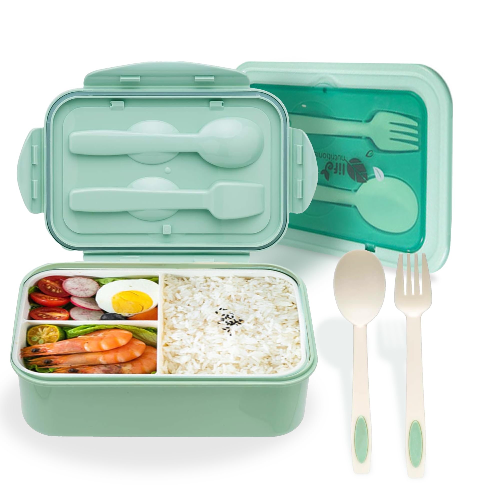 Бэнто-боксы для взрослых, 1100 мл, бенто-ланч-бокс для детей, детские с ложкой и вилкой, прочные, не содержащие бисфенол-А, безопасные для пищевых продуктов материалы зелёный