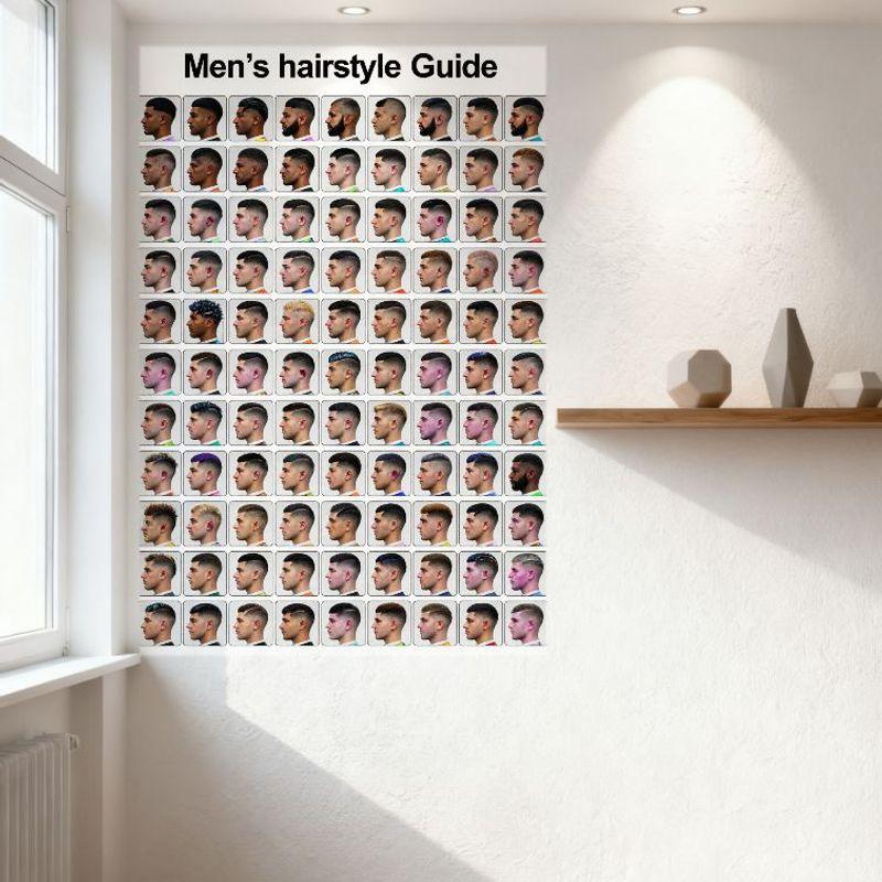 Men’s Hairstyle Guide Vintage Metal Tin Sign Male Hairstyles Fade Cuts Shaved Sides Medium Long Styles for Man Cave Bar Home Dec