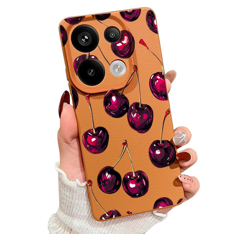 Retro Oil Painting Style Cherry Pattern Case For Xiaomi 14T 13T 11T Pro Funda Redmi Note 14 13 Pro 5G 12 11 Leather Texture Silicone Cover