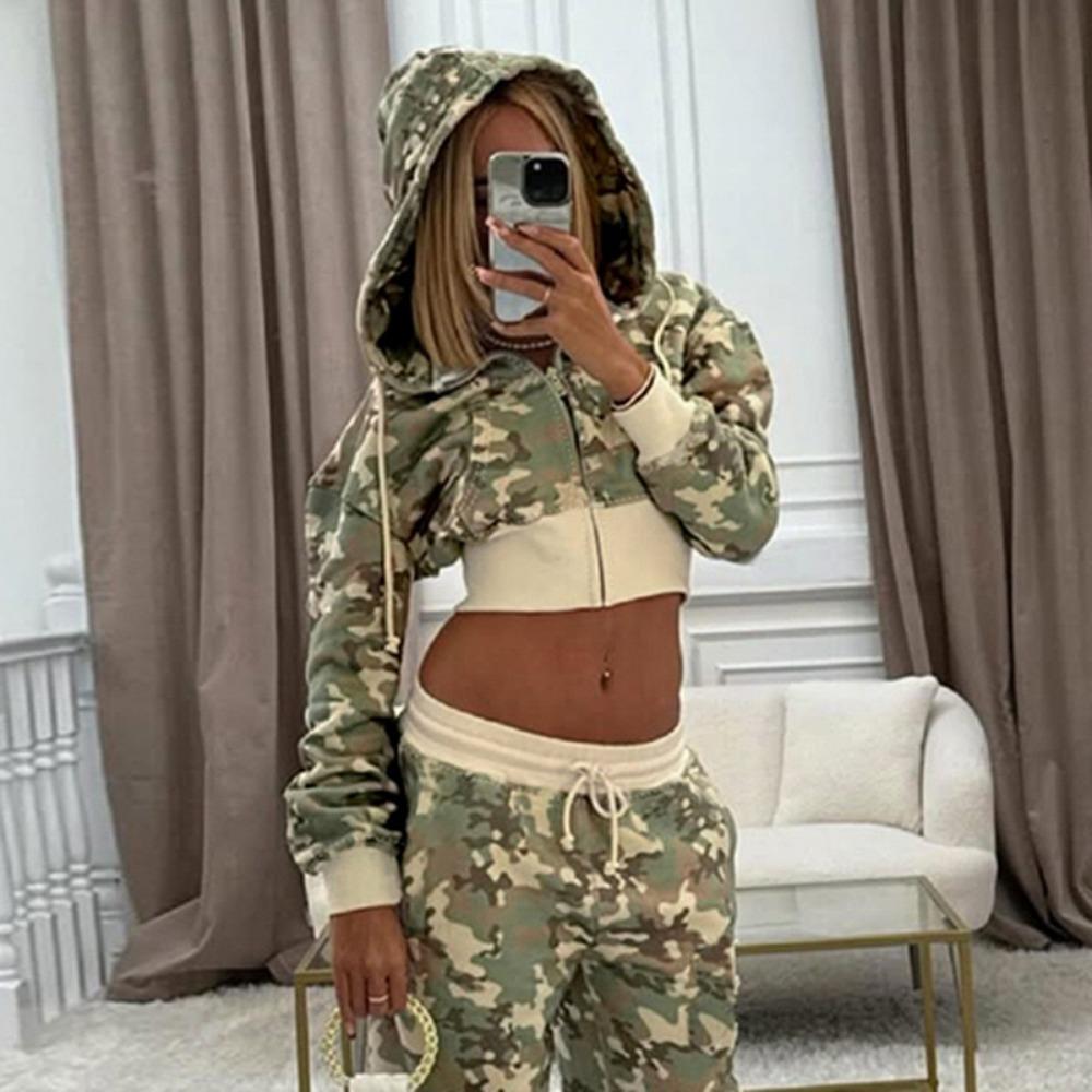 Y2K Růžová Kamufláž Sportovní Dvoudílný Set Dámský Hip-hop Rock Pas Odkrytý Slim Mikina na Zip Nový Punk Ležérní Sportovní Kalhoty