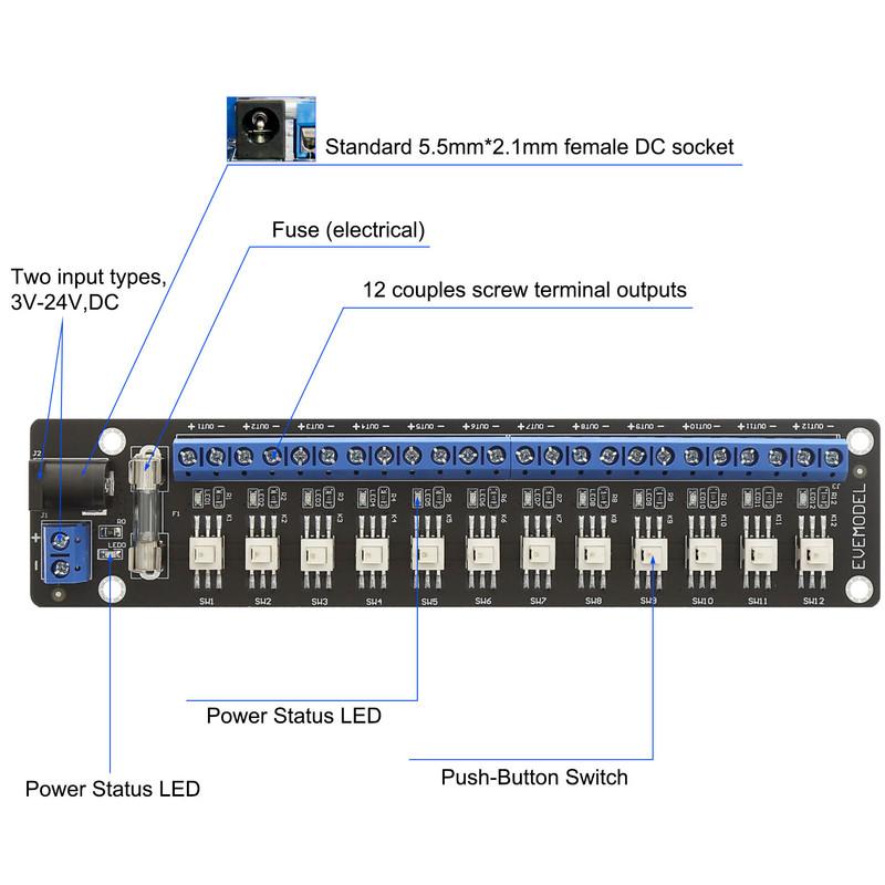 1 Unit Evemodel 3V-24V DC Power Distribution Module 12 Channel with Individual Switches PCB017