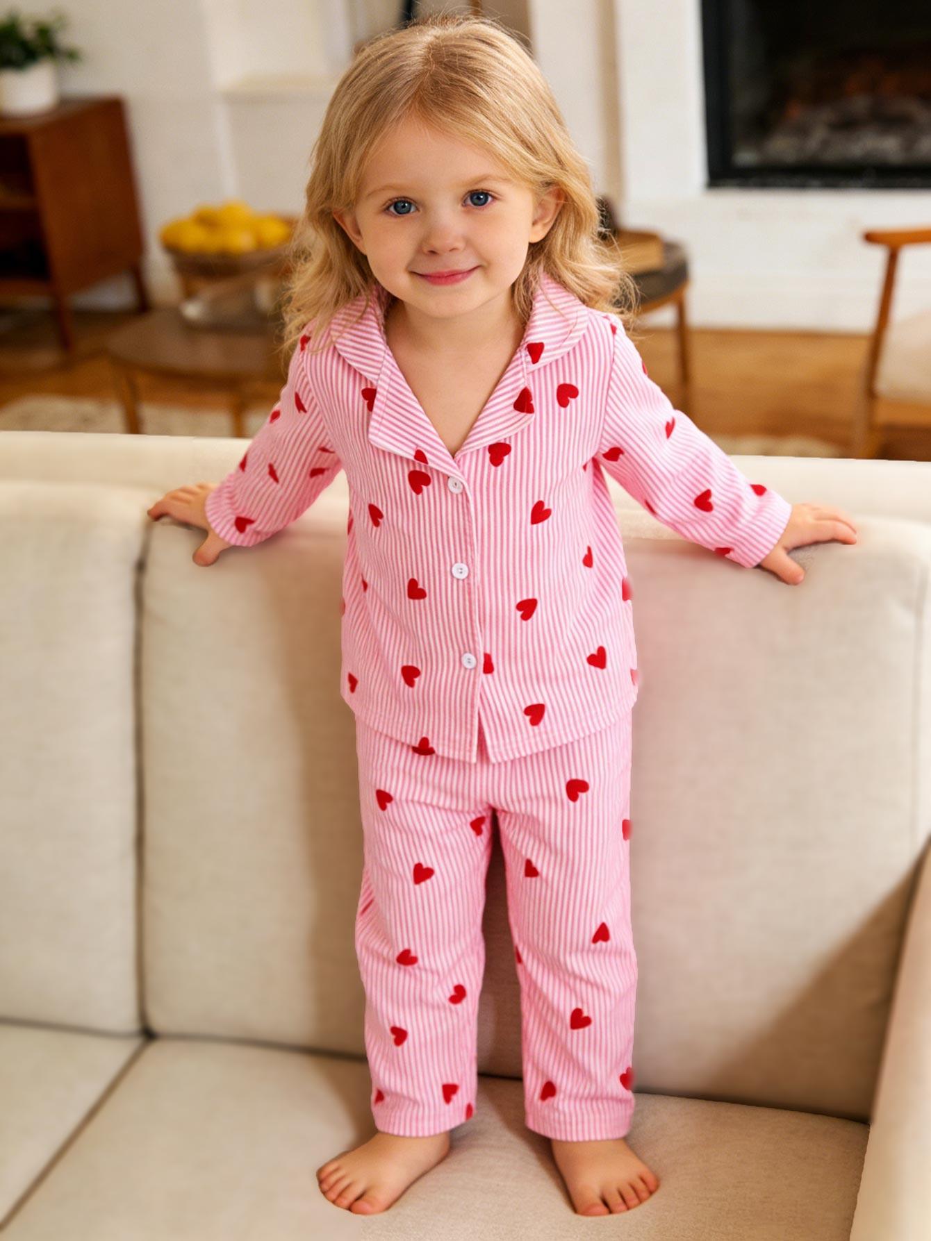 Baby Girls Pajama Set, Pink Love Heart Stripe Design, Soft and Silky Long-Sleeve Kids Loungewear 6-9M розовый