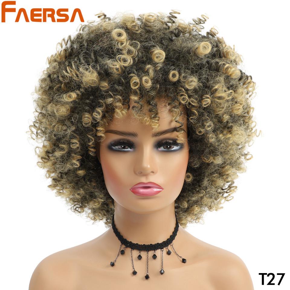 Short Hair Afro Kinky Curly Wig With Bangs African Synthetic Wigs For Black Women Ombre Natural High Temperature Black Brown