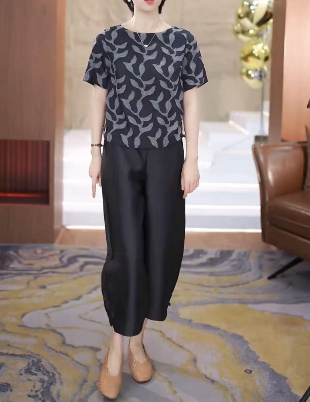 

Great Love Beauty Yi Yuan 2026 Summer European-Style Print Top & High-Waisted Wide-Leg Pants for Women 3XL