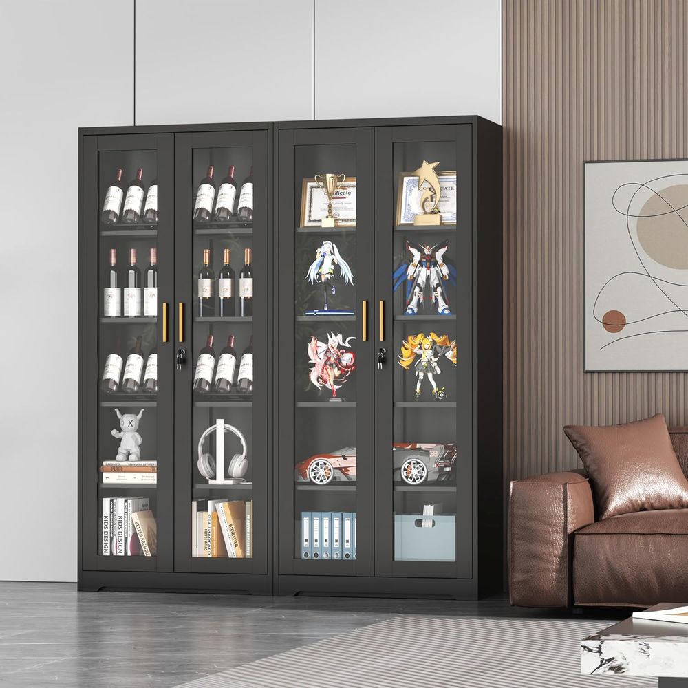 Black Glass-Door Lockable Display Cabinet with 4 Adjustable Shelves, Ideal for Liquor, Books, and Living Room Storage