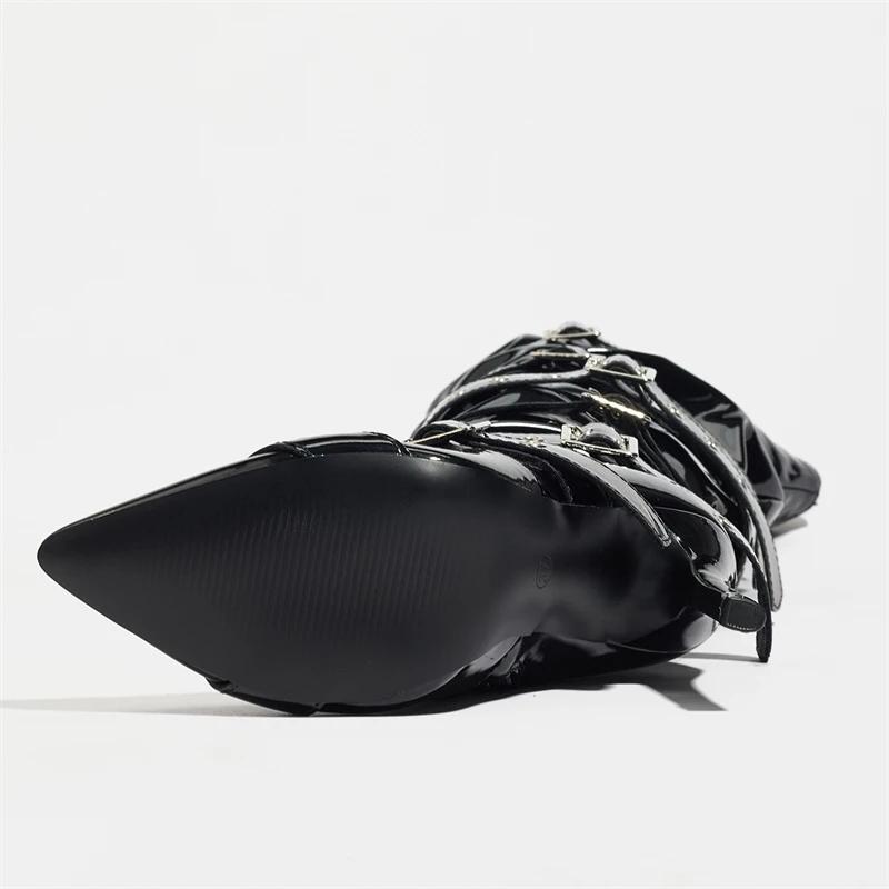 Fashion Eilyken Design Patent Leather Narrow Band Buckle Strap Women Over The Knee Boot Sexy Thin Heels Stripper Nightclub Shoes