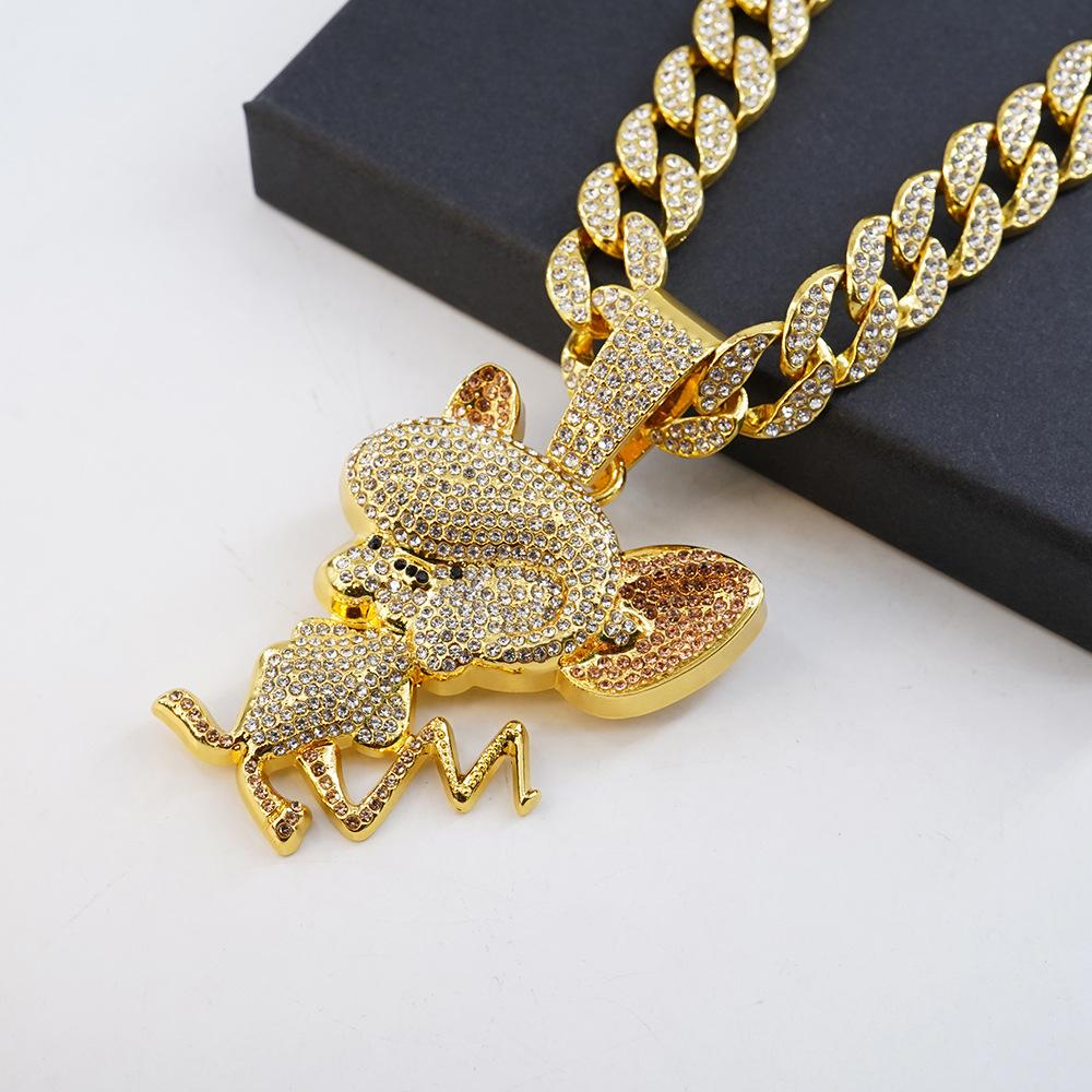 Cartoon Animal Mouse Full Diamond Three-dimensional Pendant Cuban Necklace, European and American Fashion Versatile Men's and Women's Accessories